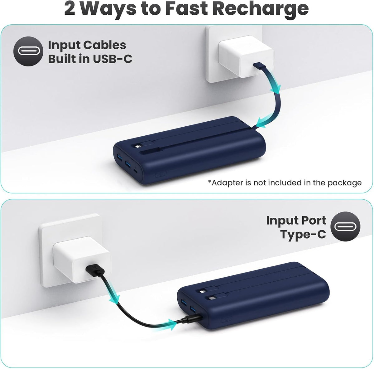 Portable Charger 40,800mAh Power Bank 25W Portable Battery Pack with 2 Built in Cables [2024 Upgraded], PD QC4.0 Fast Charging Portable Phone Charger Compatible with iPhone 16/15,Android Samsung-Navy