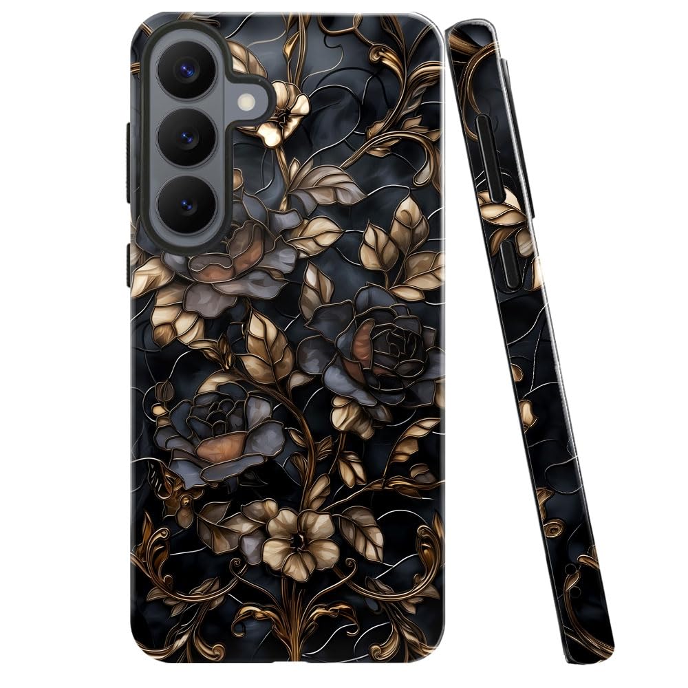 Case For Samsung Galaxy S26 Plus,Stained Glass Gold Dark Academia Flower Phone Case Military-Grade Drop Protection Cover For Wom