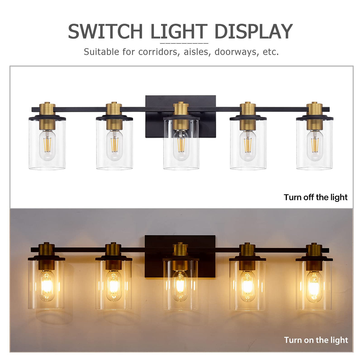 5 Light Bathroom Vanity Light, Black and Gold Bathroom Light Fixtures, Sconces Wall Lighting with Clear Glass Shade, Modern Brushed Gold Vanity