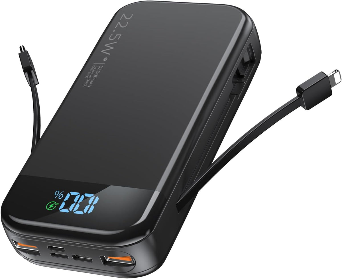Portable Charger 32000mAh, 22.5W QC 3.0 PD 20W Smart LED Display Fast Charging Built in Cables MFi Certified Power Bank, External Battery Pack Charge 5 Devices Compatible with Cellphones (Black)