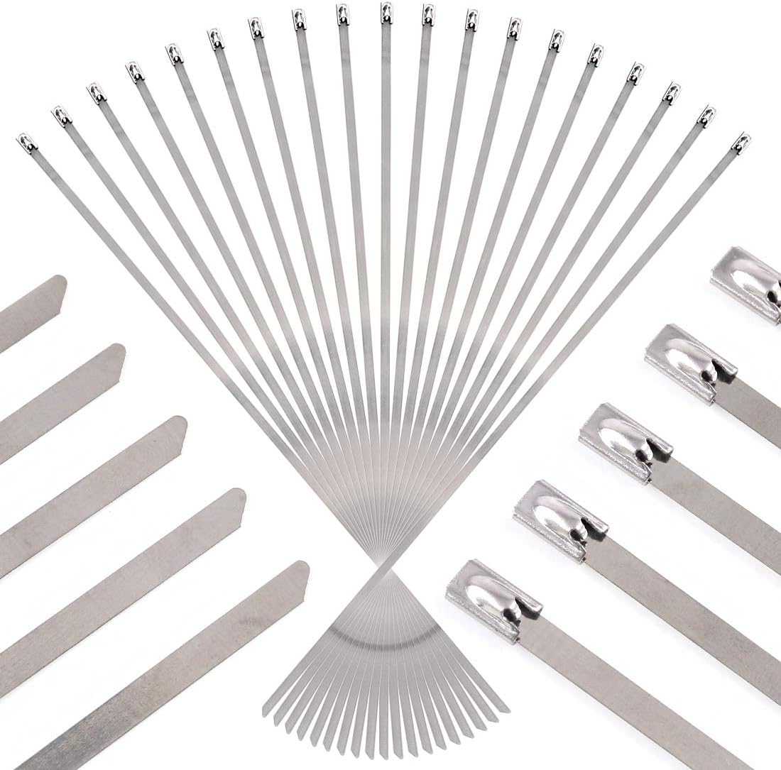 Swpeet 50Pcs 14 Inch Stainless Steel Exhaust Strap Wrap, Coated Locking Cable Zip Ties