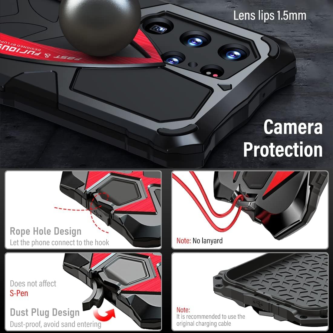Armor Phone Case for Samsung Galaxy S24 Ultra, Military Grade Drop Protection, Heavy Duty Hybrid Metal Bumper, Black