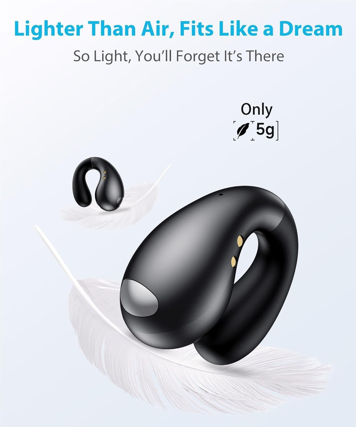 Ultra Open Ear Earbuds - Ergonomic Clip-On Earbuds, Small Bone Conduction Over-The-Ear Headphones with Waterproof Design, Perfect Running Headphones for Sports and Fitness, Black