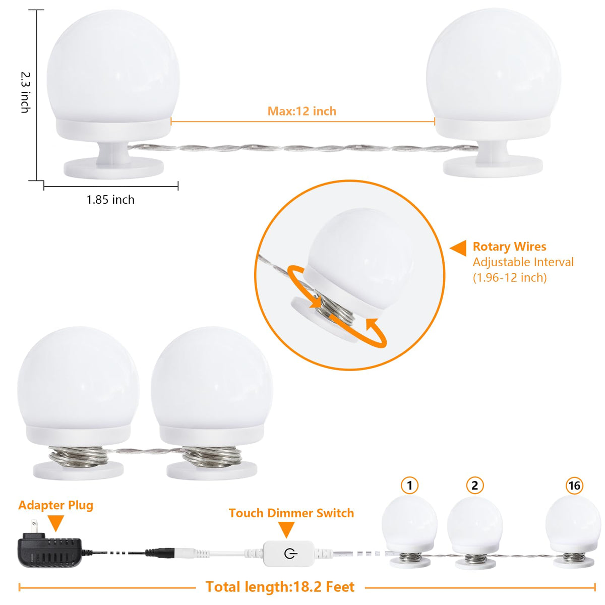 AIBOO Vanity Lights for Mirror, 16 Bulbs Makeup CCT Lighting, Dimmable Brightness & Adjustable Color Temperature, Plug in Stick on for Makeup Dressing
