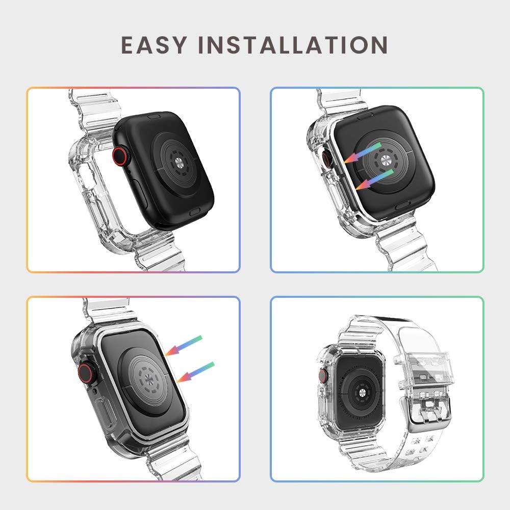 Clear Watch Band for Apple Watch 42mm 44mm 45mm, Transparent Crystal Bumper Case Compatible
