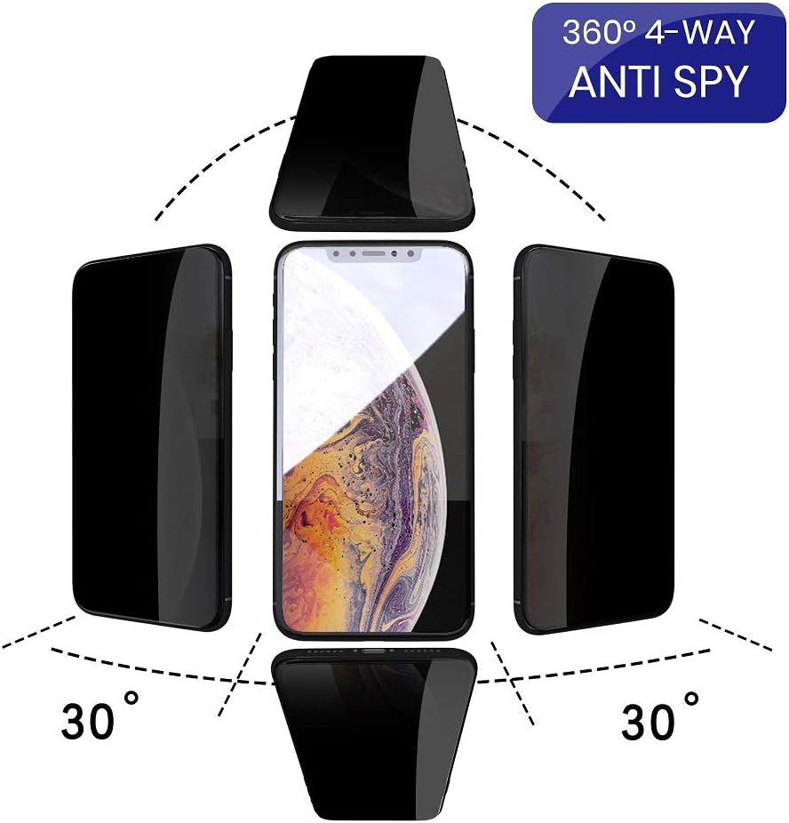 4 Way 360° Privacy Tempered Glass Screen Protector for iPhone 11 Pro/Xs/X, Anti Spy 9H Scratch Resistant, 2 Pack