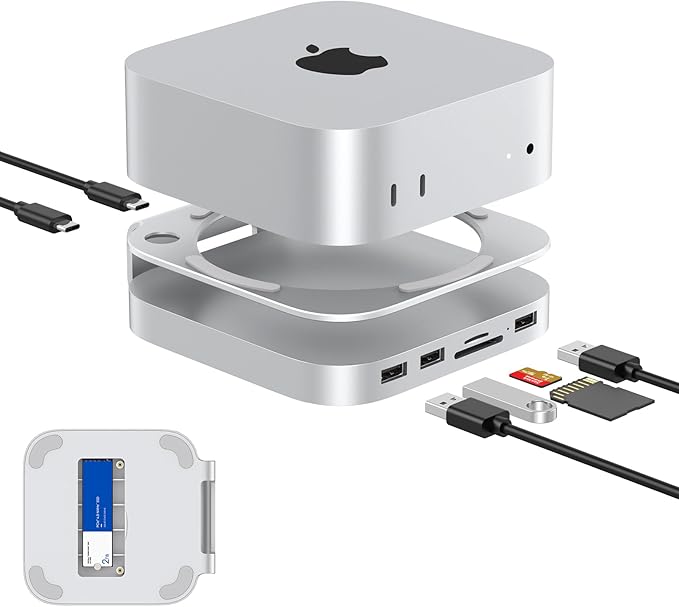Mac mini M4 Dock Aluminum Stand and Hub for Mac mini M4 and M4 Pro 2024 with M.2 NVMe SSD Enclosure 2X USB-A 10Gbps SD/TF Card Readers USB 2.0 Data (MC60)