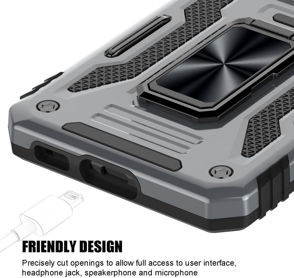 Samsung Galaxy S23 Case, Gray Shockproof Phone Case with Sliding Camera Cover & Rotatable Ring Holder + Screen Protector