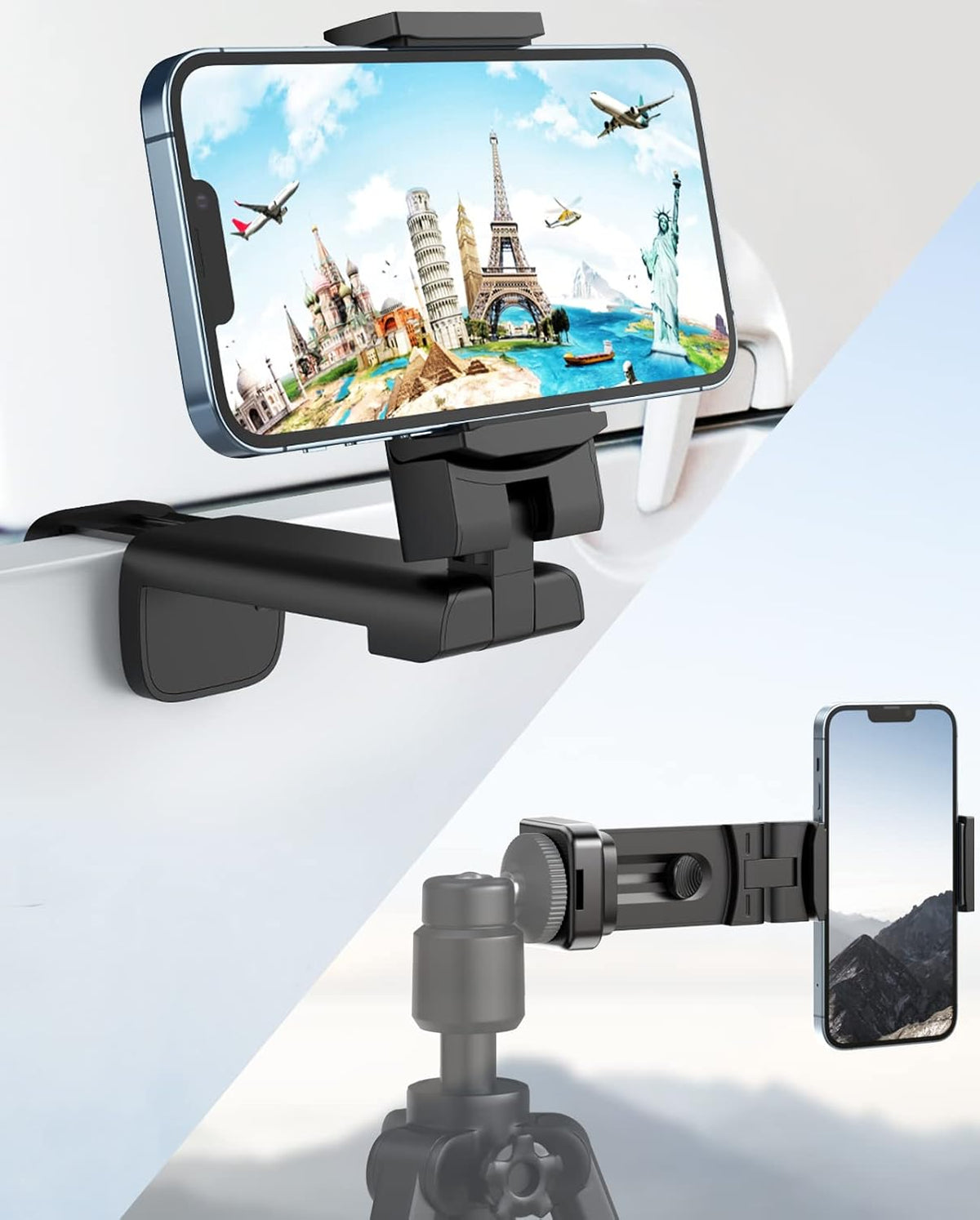 MiiKARE Airplane Travel Essentials Phone Holder, Universal Handsfree Phone Mount for Flying with 360 Degree Rotation, Accessory for Airplane, Travel Must Haves Phone Stand for Desk, Tray Table, Pro
