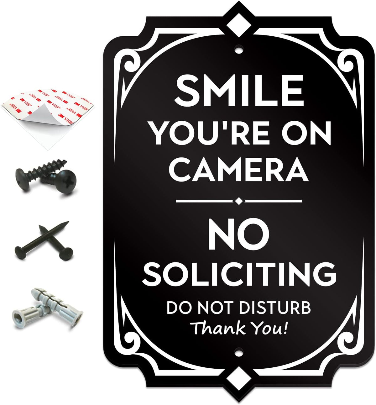 Smile You’re on Camera Door Sign - No Soliciting Security House Sign, 6.25” X 4.25”, Heavy-Duty Weather-Resistant,