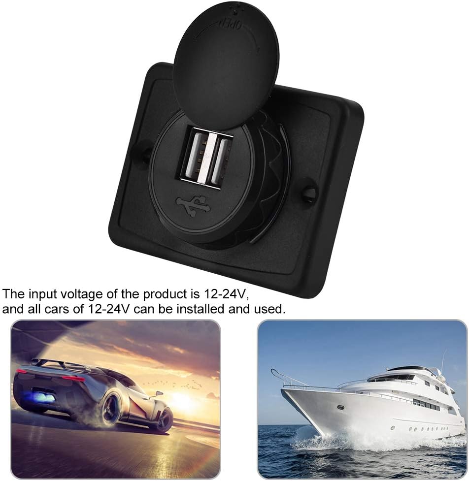 Aramox Car USB Dual Port Socket Outlet, 3.1A Black ABS 12V with LED