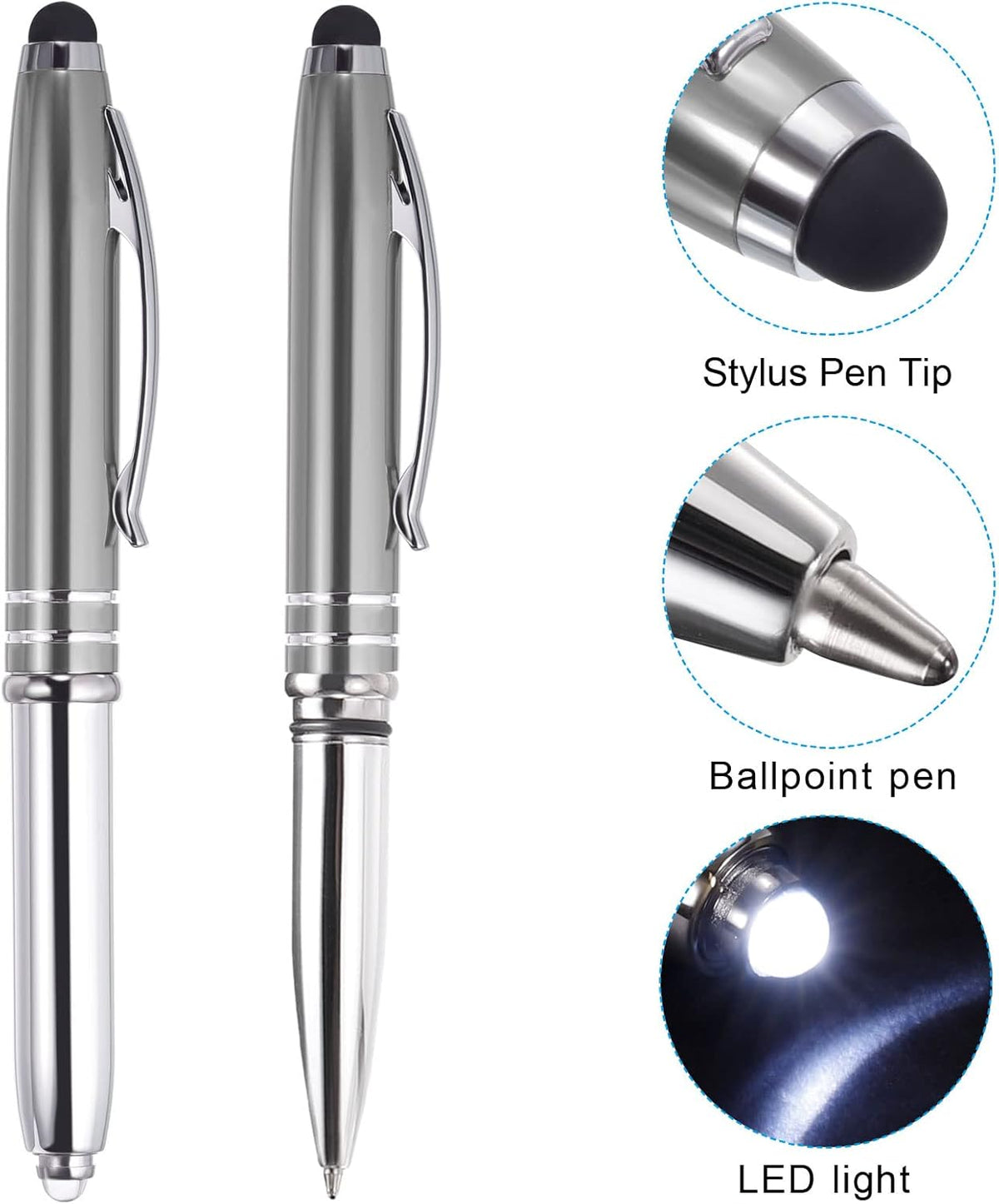 PATIKIL 2 Pack Ballpoint Pen with Stylus Tip and LED Flashlight, 1.0mm Medium Point, Black Ink, Gray