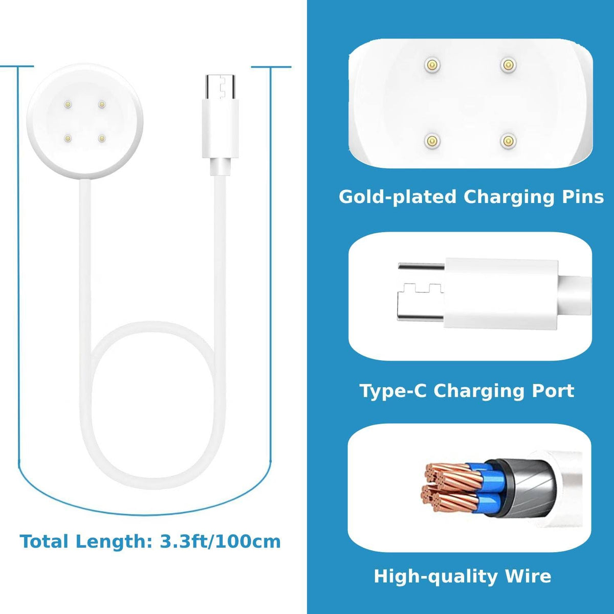 [2-Pack] Charger for Google Pixel Watch 2 & Fitbit Sense/Sense 2/Versa 3/4, White USB C Magnetic Fast Charging Cable
