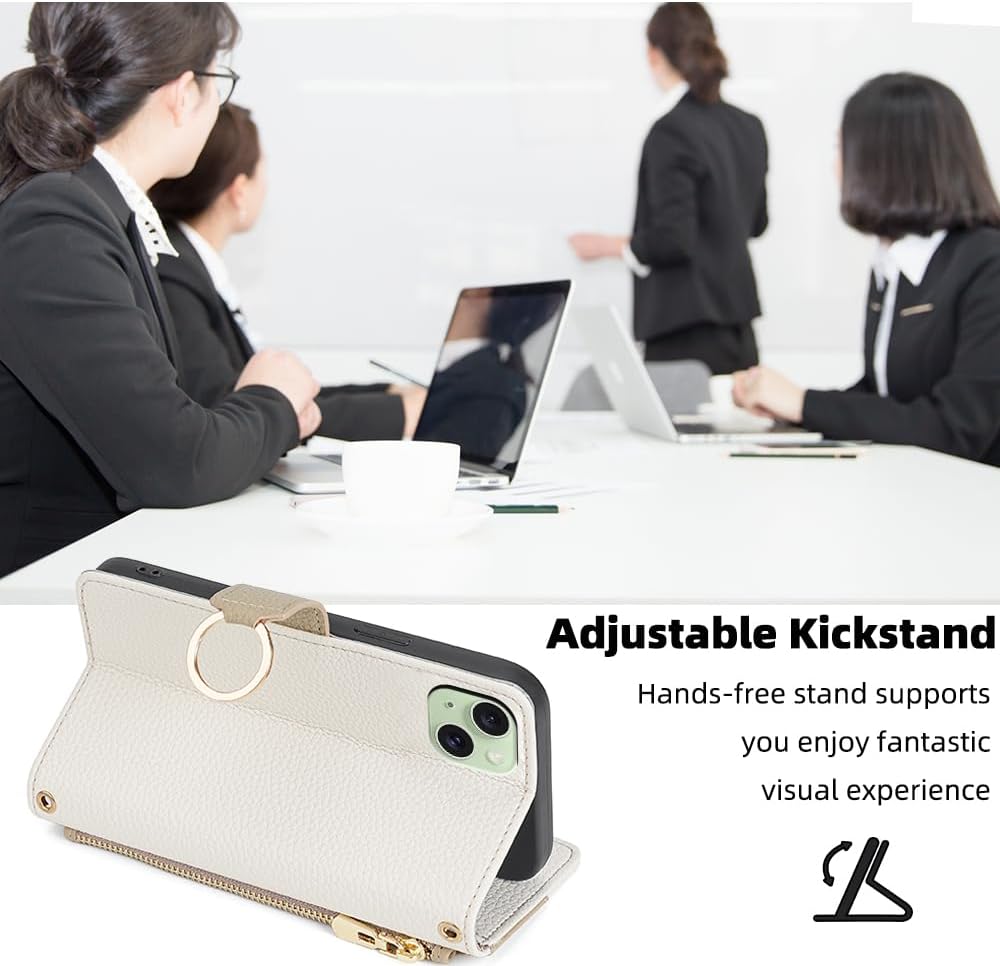 Asuwish iPhone 15 Plus Case: 6.7" Wallet Cover, Screen Protector, Mirror Flip, Card Holder, Crossbody Strap - White