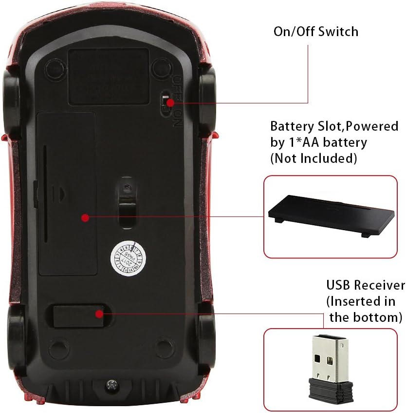 Wireless Car Mouse, 3D Sports Car Shape Optical Mouse for Desktop Laptop, Ergonomic Design (Red)