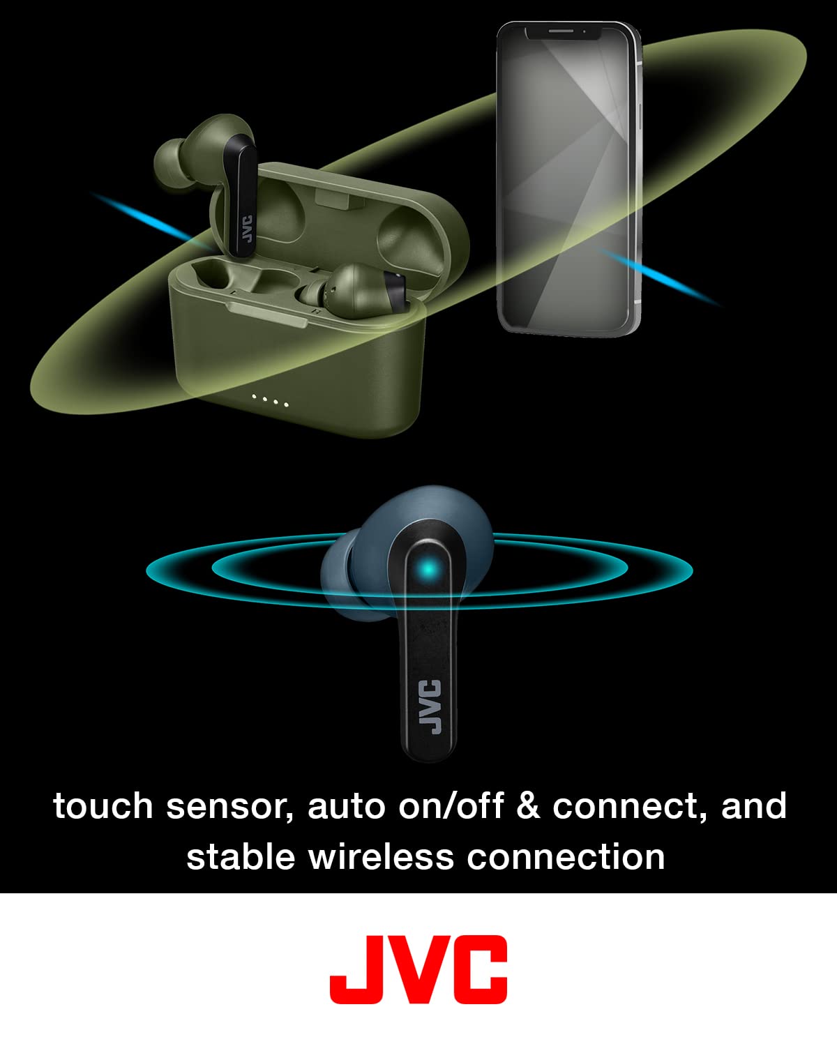 JVC RIPTIDZ True Wireless Headphones with Touch Sensor Operation, Single Ear use, IPX5, Bluetooth 5.1, Long Battery Life (up to 30 Hours) - HAA9TB