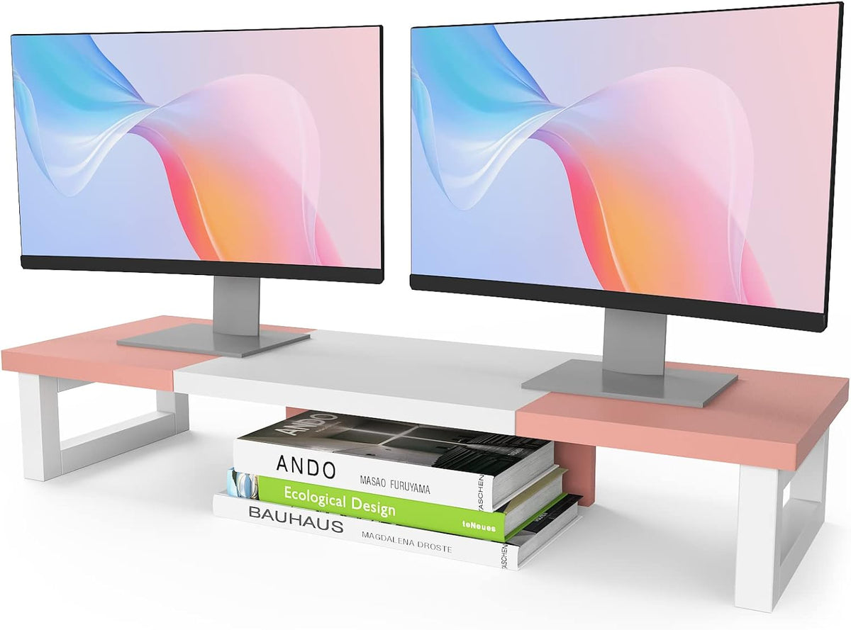 WESTREE Dual Monitor Stand Riser, Wood and Steel Monitor Stand Riser, Computer Monitor Stand for 2 Monitors, Multi-Purpose Desktop Storage Stand for Computer,Laptop,Printer,TV