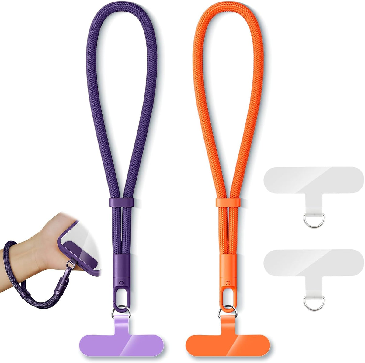 2 Pack Phone Lanyard,2×Hand Wrist Strap,4×Tether Tabs,Universal Cell Phone Multifuctional Patch Polyester Lanyards,Cell Phone Hand Strap for Women and Men(purple+orange)