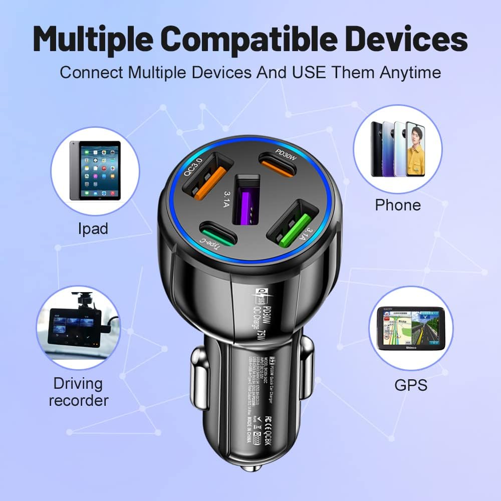 75W USB C Car Charger, 5-Port Adapter, PD & QC3.0 Fast Charging Cigarette Lighter USB Charger for iPhone/Android/Samsung