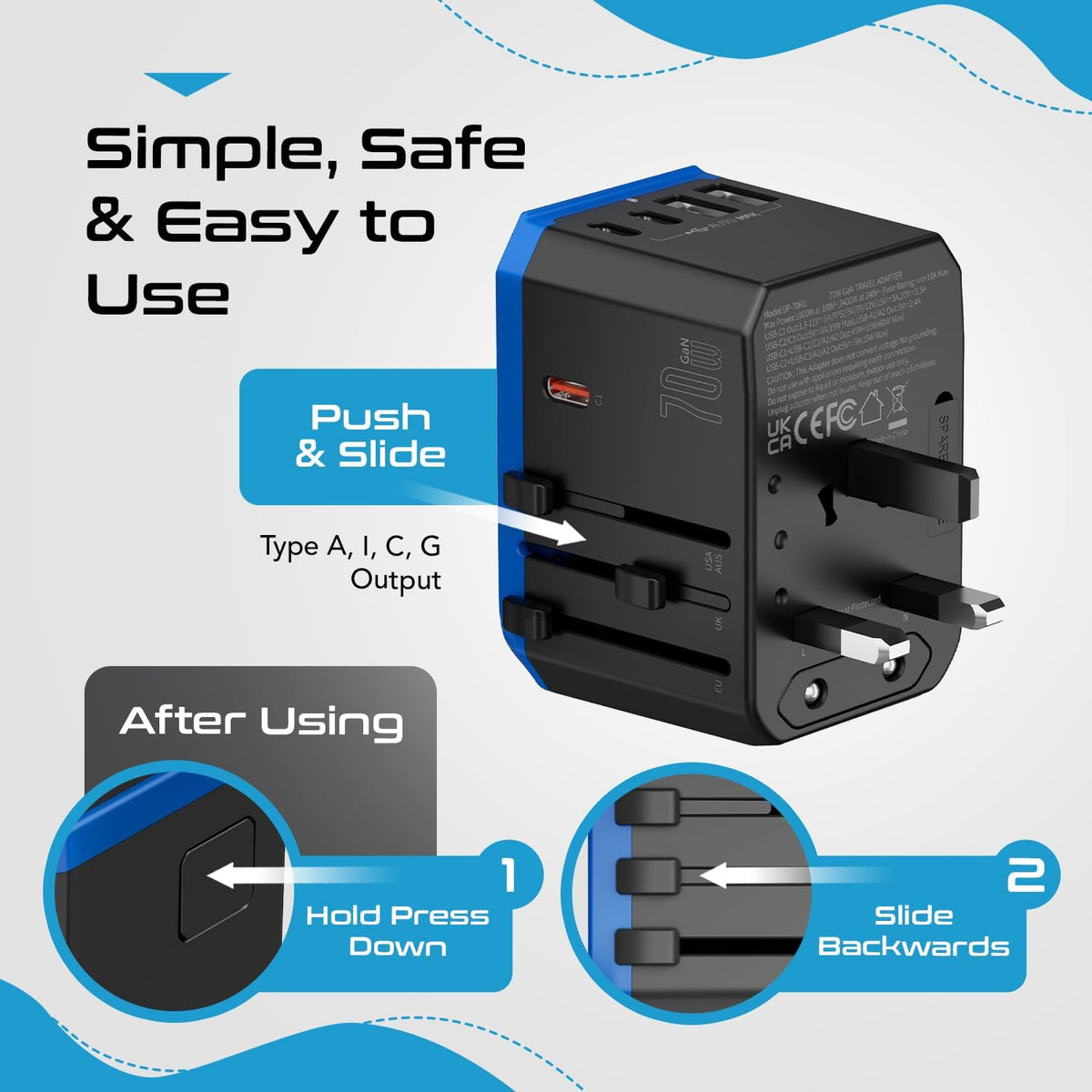 Ceptics 70W World International Travel Plug Adapter - Powerful GaN Tech with Pd & QC 3.0 Dual 3X USB-C Power - 2 USB Ports Wall Charger Type I C G A Outlets 110V 220V A/C - EU Euro US UK (70-KU)