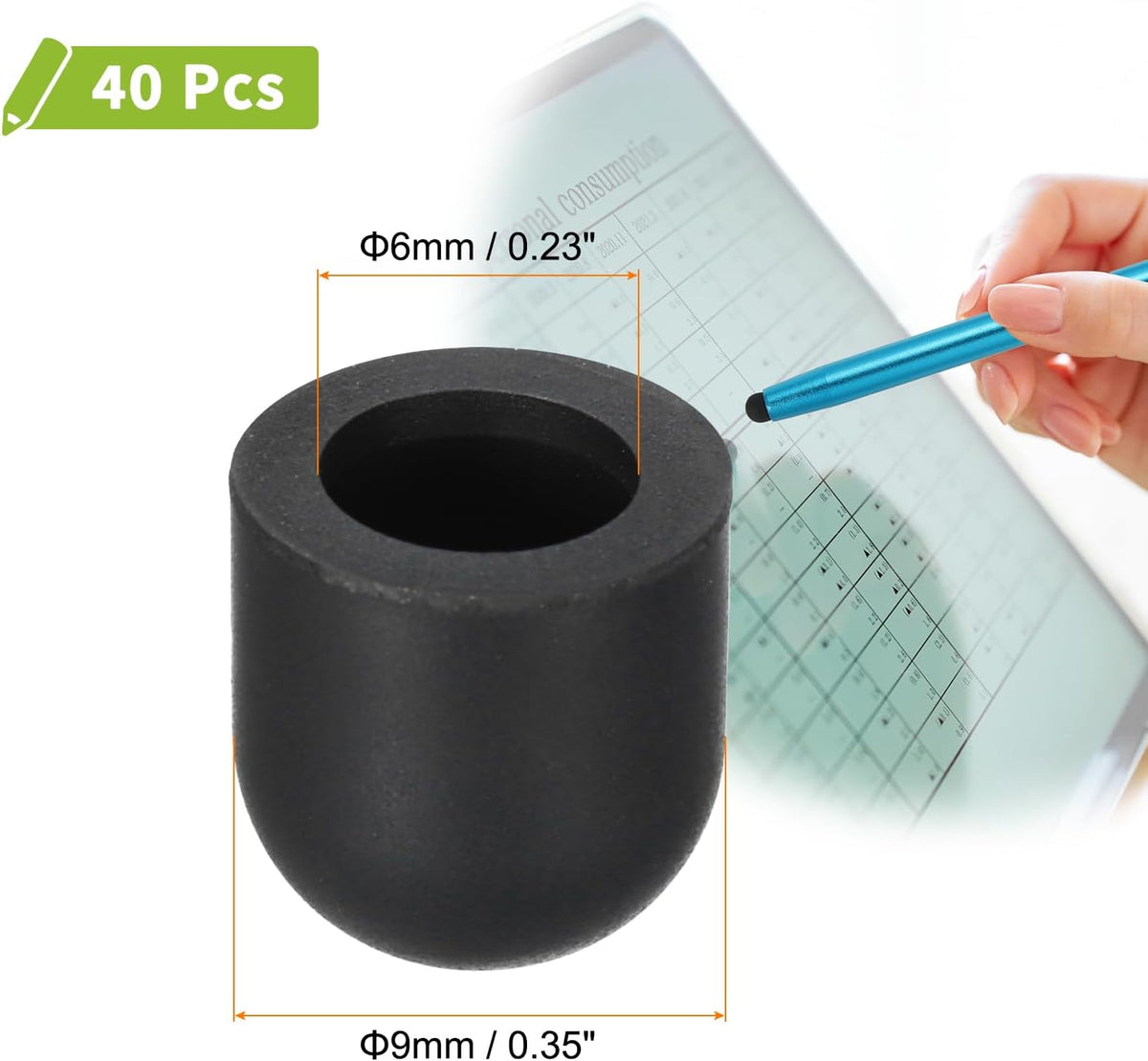 MECCANIXITY 40Pcs Replacement Stylus Pen Tips 9mm Conductive Capacitive Touch Screen Pens Tips Silicone Rubber, Black
