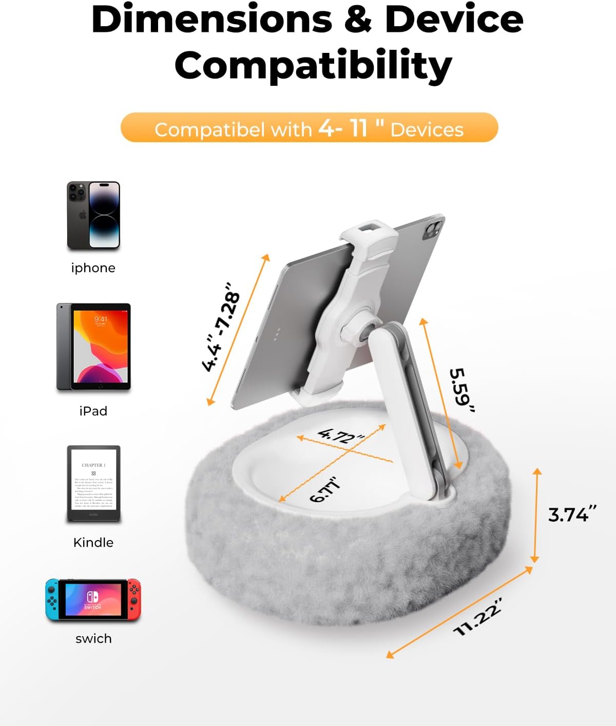Kindle Pillow Stand – Soft Grey Fuzzy Tablet Holder with Storage Bowl, Hands-Free Lap Stand for Bed, Couch – Compatible with Kindle, iPad, Phones & E-Readers (Gray)