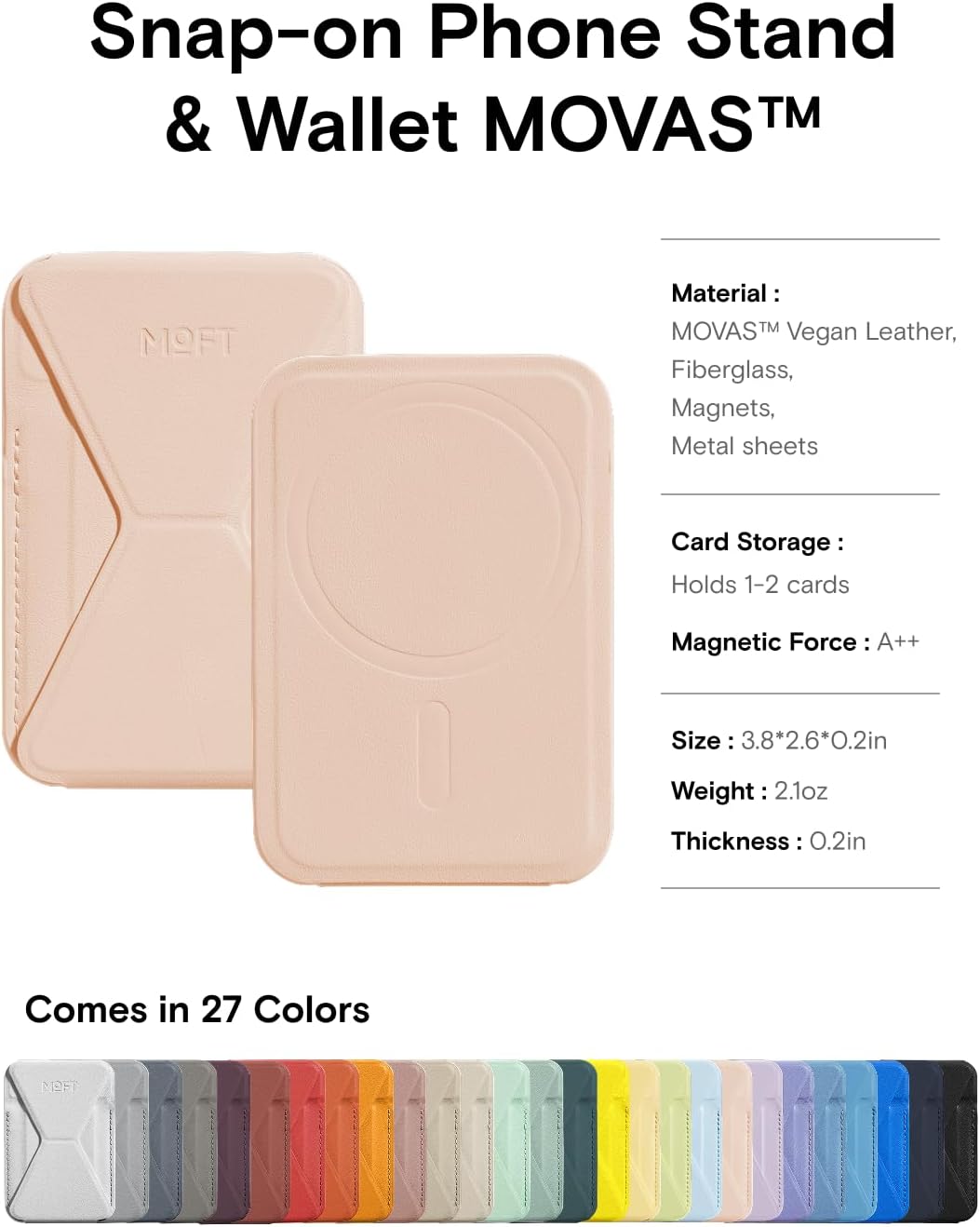 MOFT Magnetic Wallet Stand Compatible with iPhone 16/15/14/13/12 Series, Angle Adjustment & Magsafe Compatible MOVAS Phone Stand, Peach pink