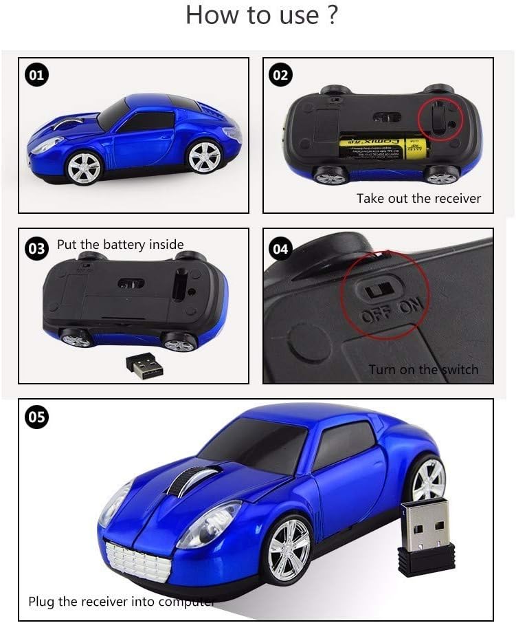Wireless Sports Car Shape Mouse for Tesla Roadster, Optical Mouse with 2.4GHz USB Receiver, AA Battery Powered (Blue)