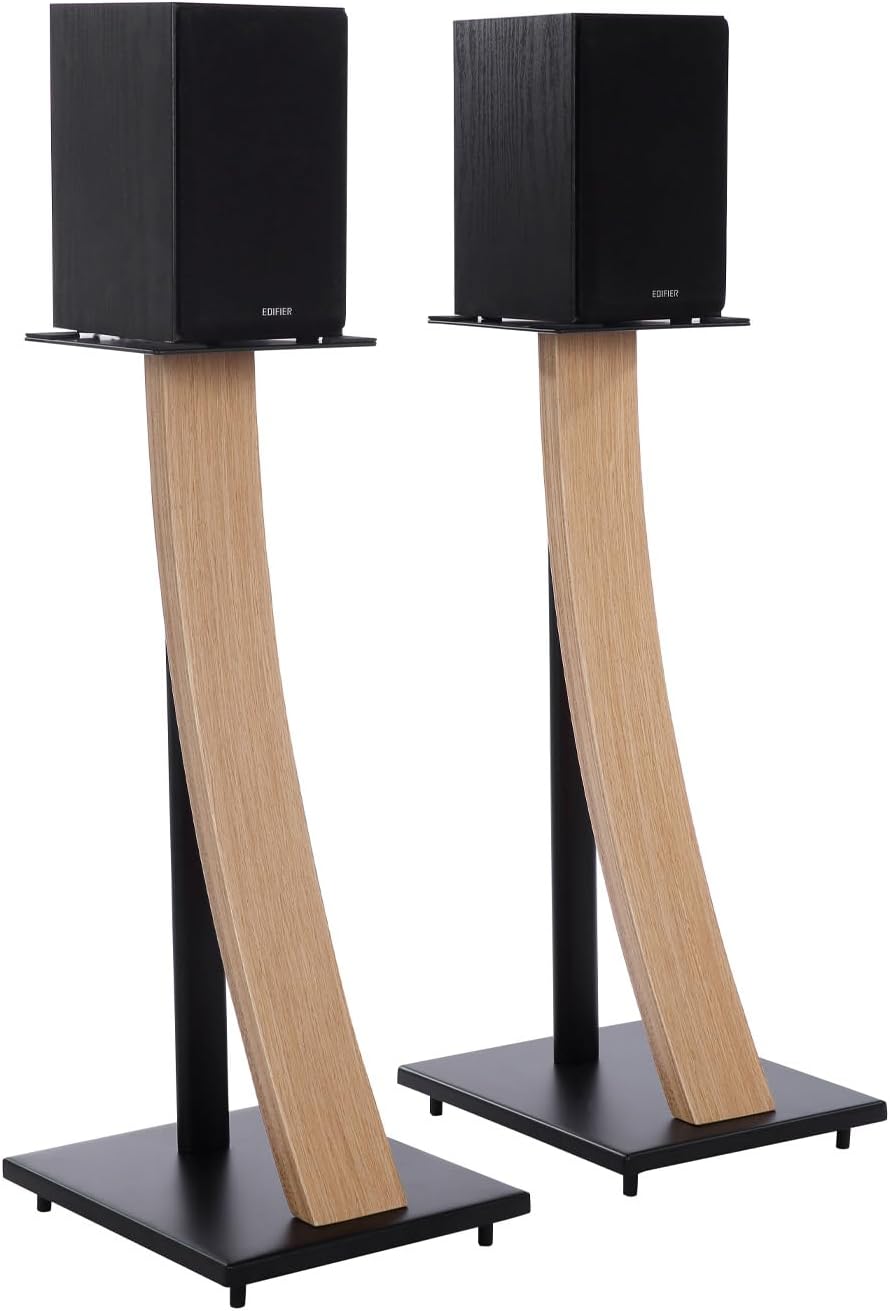 EXIMUS One Pair Fixed Height Universal Speaker Floor Stands with Real Wood - Oak - 290 Series