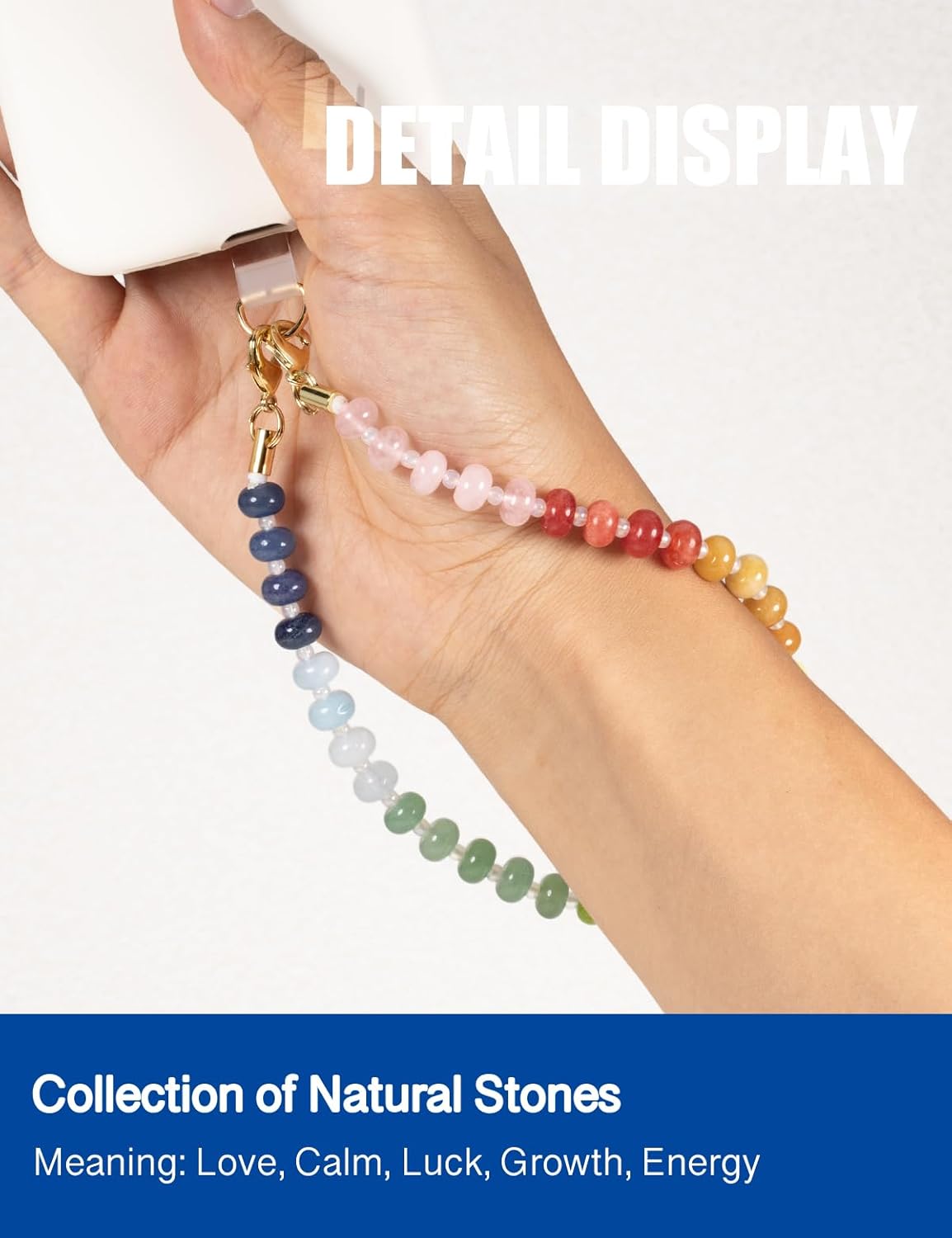 Handmade Natural Gemstone Crystal Beaded Charm Cell Phone Camera Lanyard, Hands-Free Wrist Strap, Phone Chain String, Keychain Decor for Walle (Rainbow)