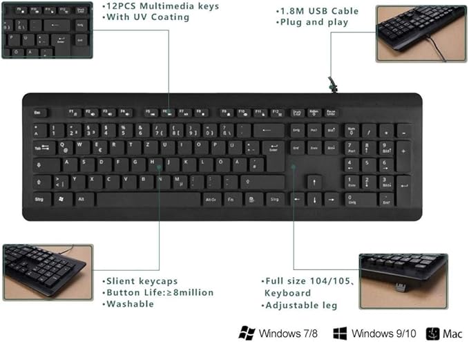 BoxWave Keyboard Compatible with Dell Inspiron 13 5310 (13.3 in) - AquaProof USB Keyboard Washable Waterproof Water Resistant - Jet Black