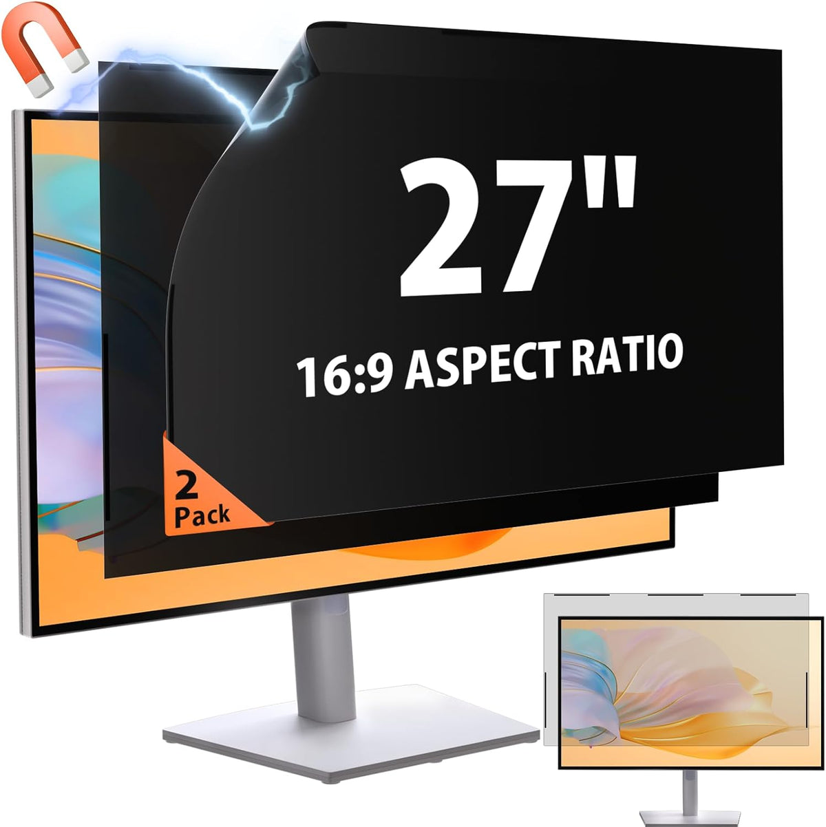 [2 Pack] 27 Inch 16:9 Magnetic Privacy Screen for Monitor Anti-Glare, Blue Light Filter, Anti-Spy Reusable Removable Privacy Filter for 16:9 Widescreen Desktop Display