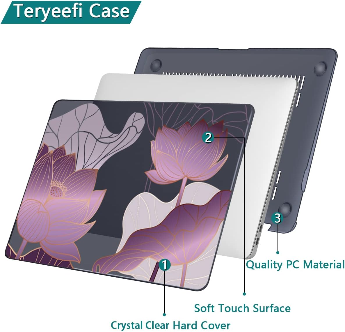 Teryeefi for 2020 2022 2016-2019 MacBook Pro 13 inch Case A2338 A2289 A2251 A2159 A1989 A1706 with M2 M1 & Touch Bar, PC Hard Shell Case & Keyboard Cover & Screen Protector, Luxurious Purple Lotus