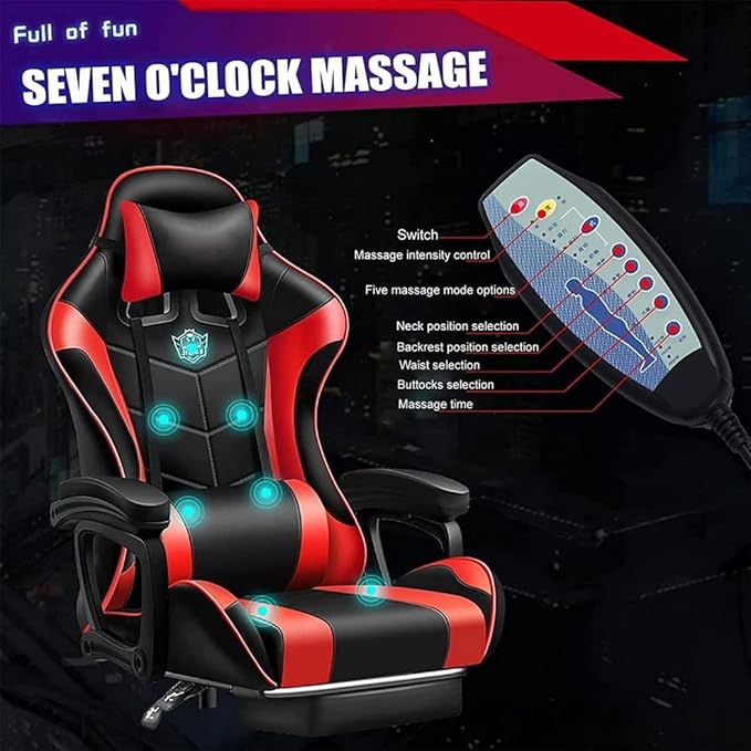 RGB Gaming Chair for Adults with Footrest and Massage Lumbar Pillow Swivel Height Adjustable Racing Reclining PU Leather LED Video Game Chair with Speakers E-Sports Gaming Chair
