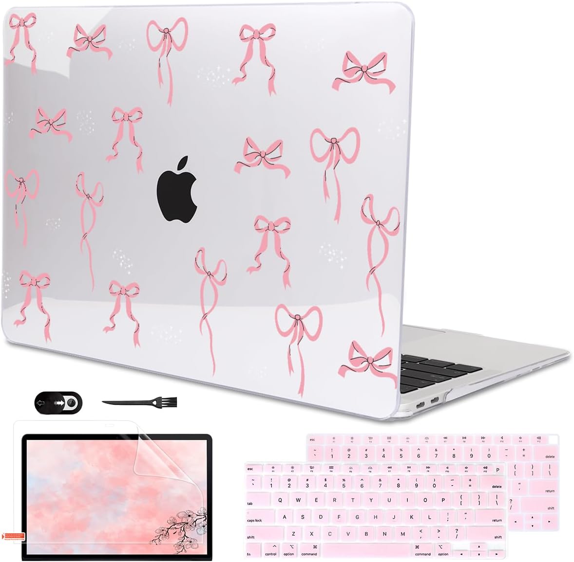 Compatible with 2021 2020 2019 2018 MacBook Air 13 inch Case M1 A2337 A2179 A1932 with Touch ID, Crystal Clear Pattern Plastic Hard Shell Case for MacBook Air 13 M1 2021, Pink Bowknot