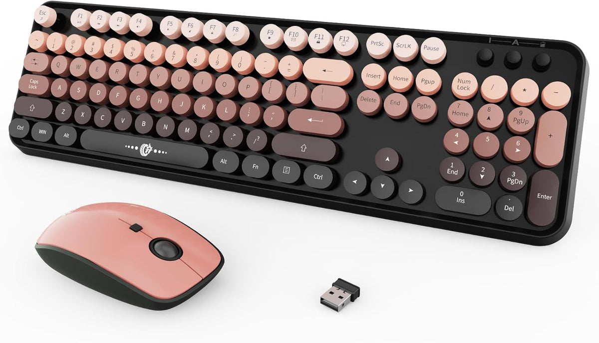 Wireless Keyboard and Mouse Combo, 104 Round Keys Cute Colorful Keyboard and Mouse with Retro Typewriter for PC/Mac/Laptop/Tablet/Computer/Windows Black