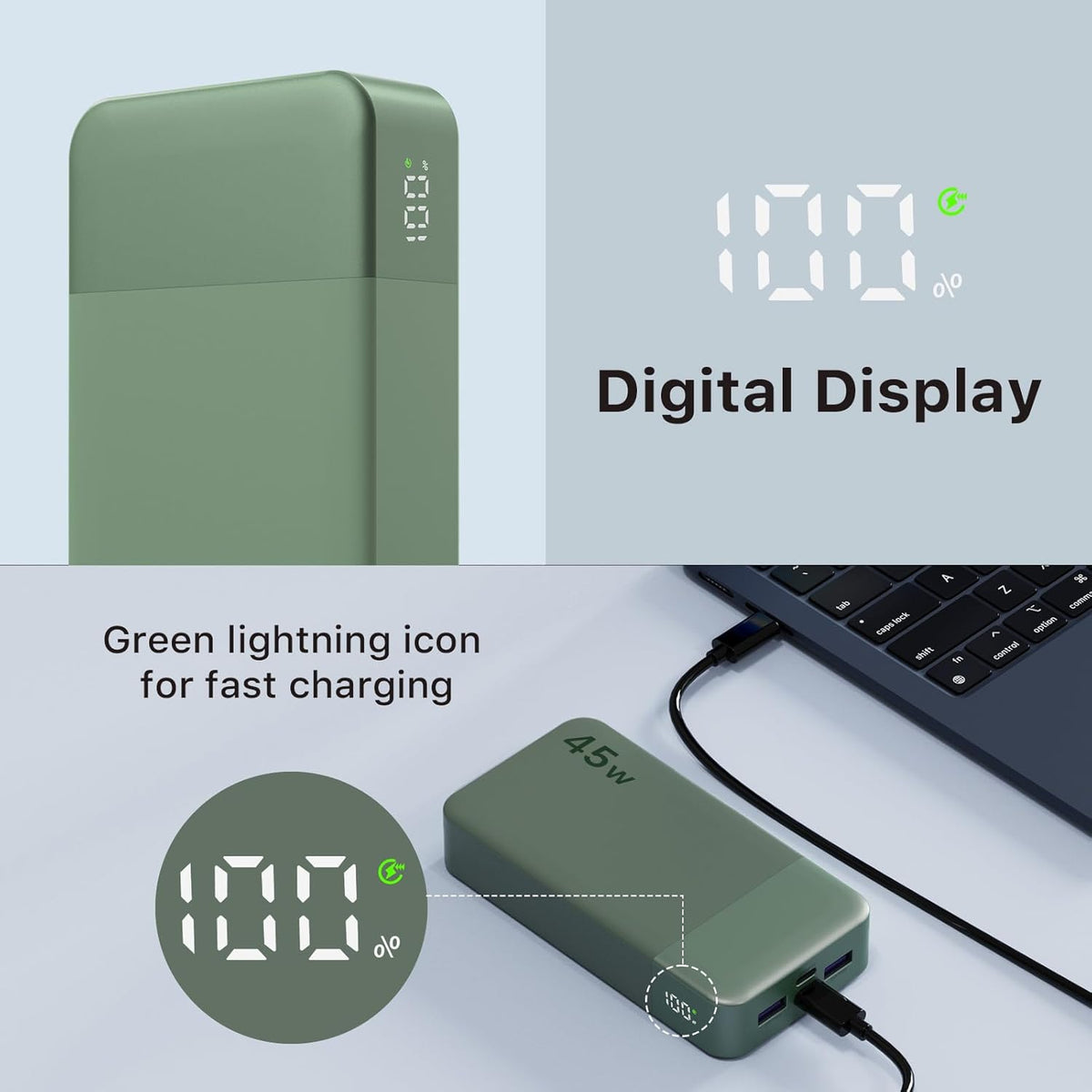 NOBIS Portable Charger, 20000mAh Power Bank, 45W Power Bank Fast Charging, Battery Pack with C to C Cable, Battery Bank with Digital Display for iPhone Android Laptop etc(Green)