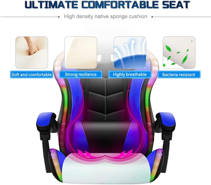 RGB Gaming Chair for Adults with Footrest and Massage Lumbar Pillow Swivel Height Adjustable Racing Reclining PU Leather LED Video Game Chair with Speakers E-Sports Gaming Chair