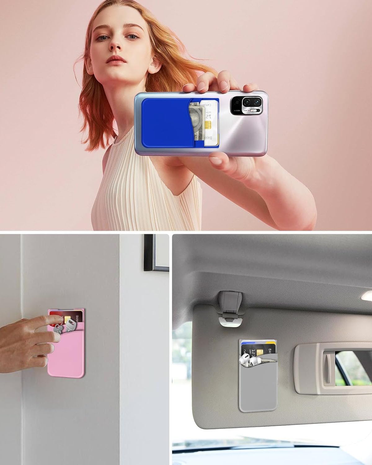 BIAJIYA Card Holder for Back of Phone, Stick-on ID Credit Adhesive Silicone Pouch Wallet for All Smartphones
