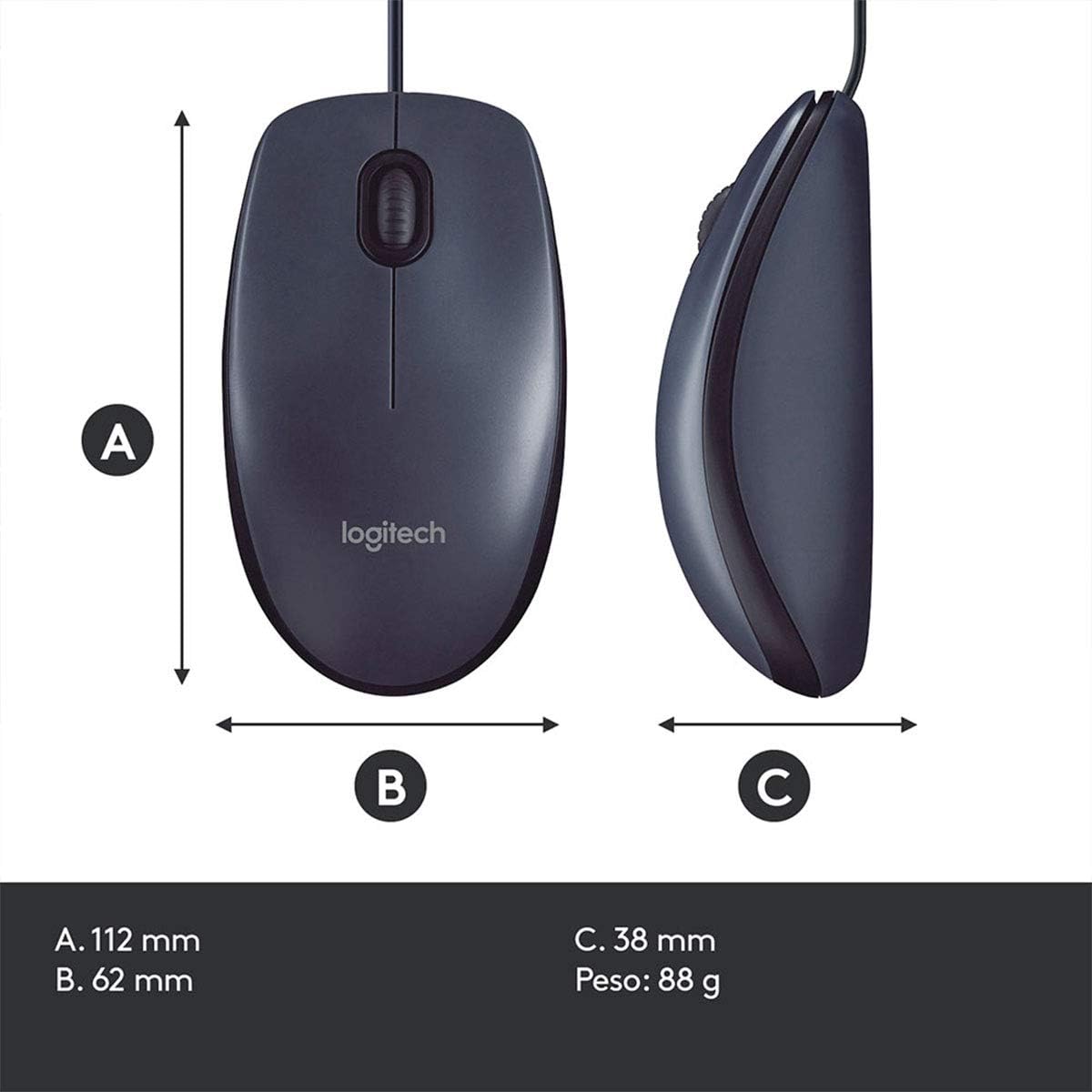 Logitech M100 Corded Mouse, Wired USB Mouse for Computers and Laptops, Black, for Right or Left Hand Use