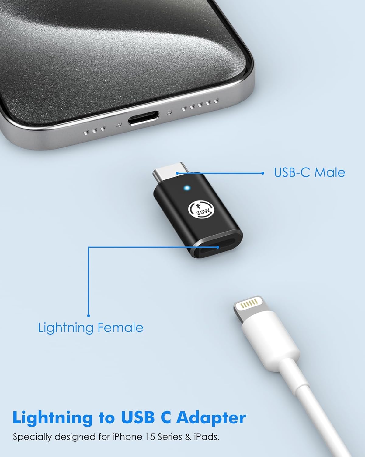 MoKo Lightning Female to USB C Male Adapter 2Pack, Lightning USB C Adaptor for iPhone 15/16 Pro/Max, Galaxy S24