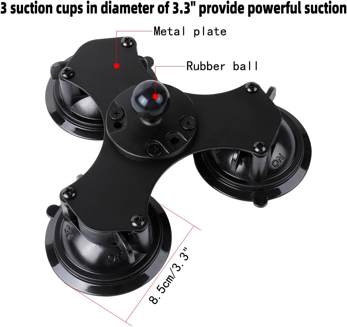 Triple Suction Cup Car Base Mount with 25mm/1" Ball for Ball Phone Mount, Compatible with RAM Mounts