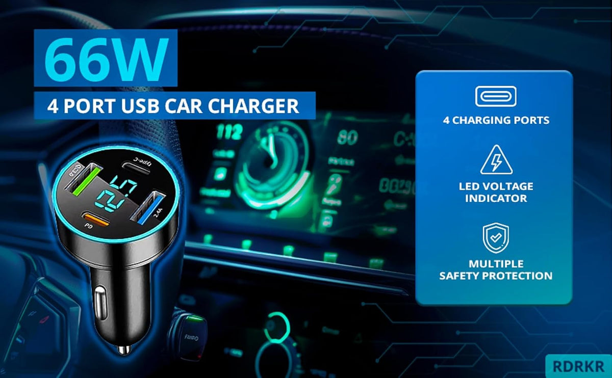66W Car Charger, 4-Port Cigarette Lighter USB Charger, 2 * USB 2.4 + PD + Type C Adapter with Voltmeter, Compatible