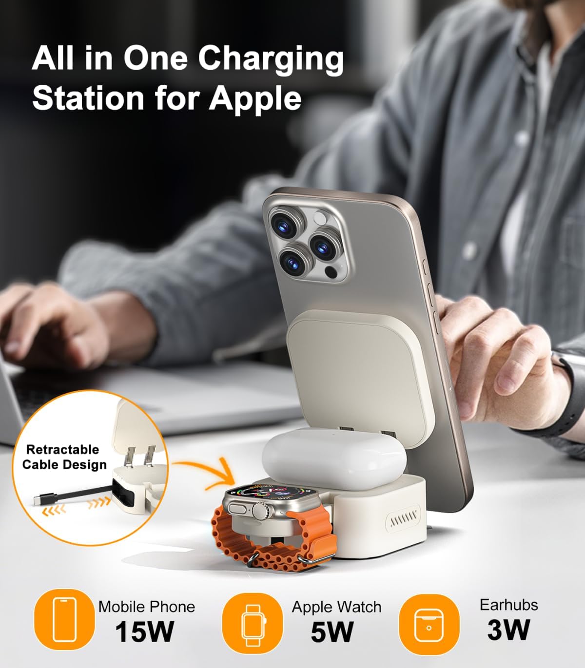 2025 Retractable 3 in 1 Charging Station for Apple,15W Fast for MagSafe Magnetic Wireless Charger with Retractable Cable, Foldable Travel Stand for iPhone 16 15 14 13 12 Pro Max iWatch Airpods