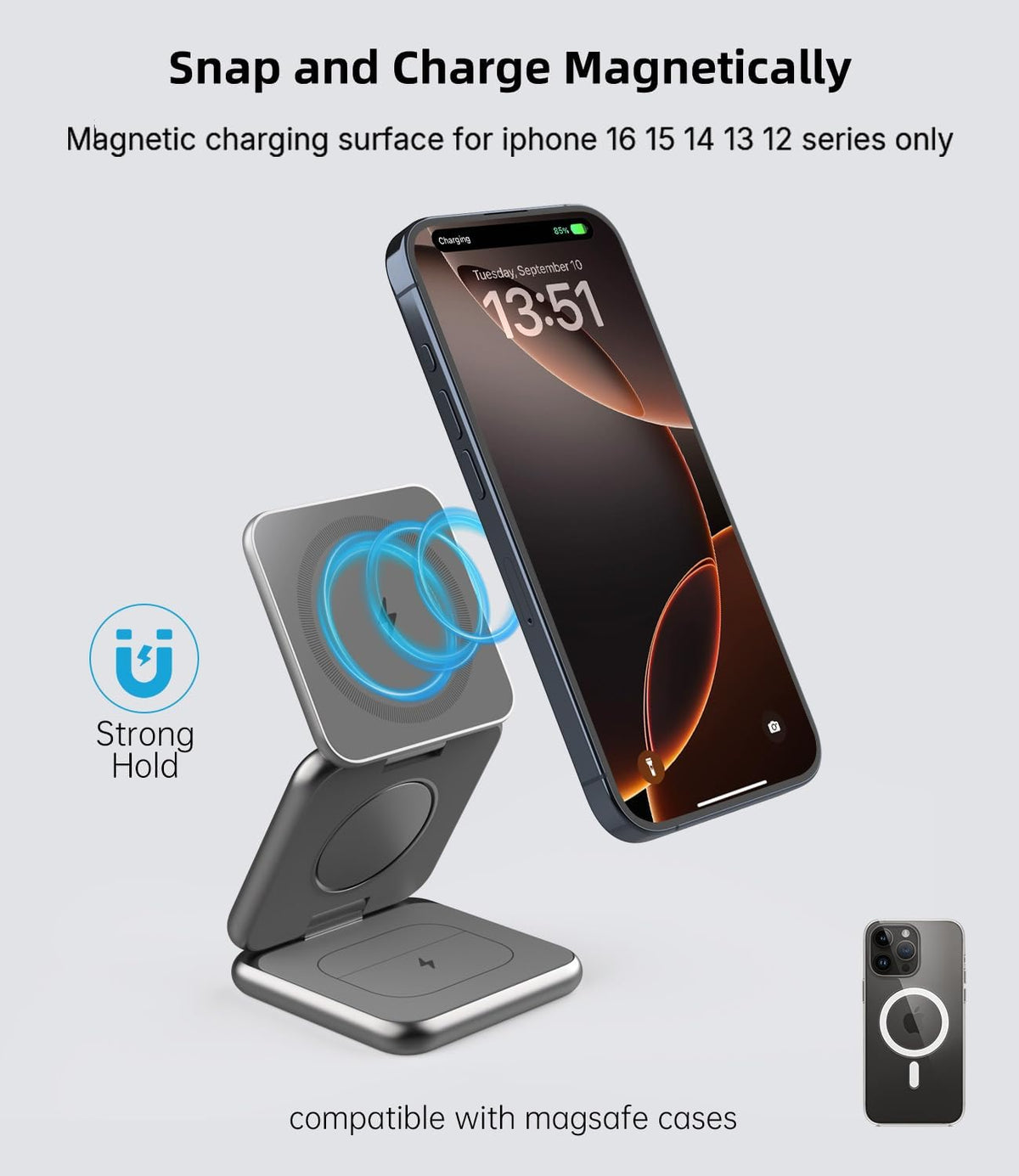 Foldable Magnetic Wireless Charger, KU XIU X40 Aluminum Alloy 3 in 1 Charging Station for Apple, Fast Magnetic Charger Stand for iPhone 16 15 14 13 12 Series, 5W for iWatch, AirPods 3/2/Pro, Gray