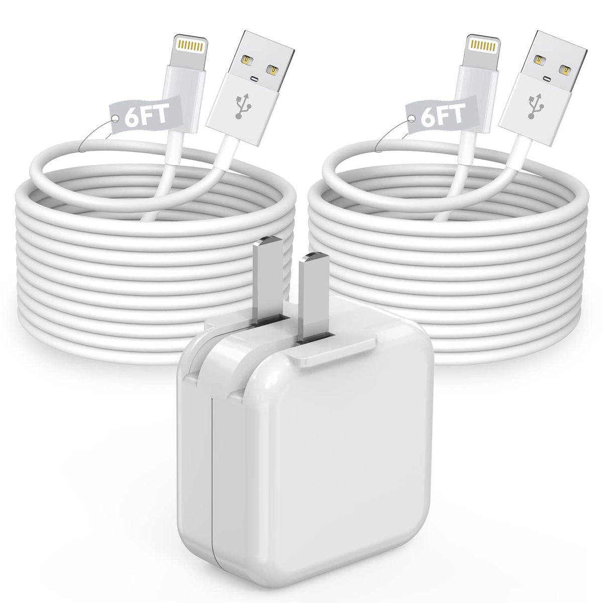 12W USB Power Adapter & 2Pack MFi Certified 6FT iPad Charging Cords for iPad 4-9, Mini 1-5, Air 1-3, iPhone.
