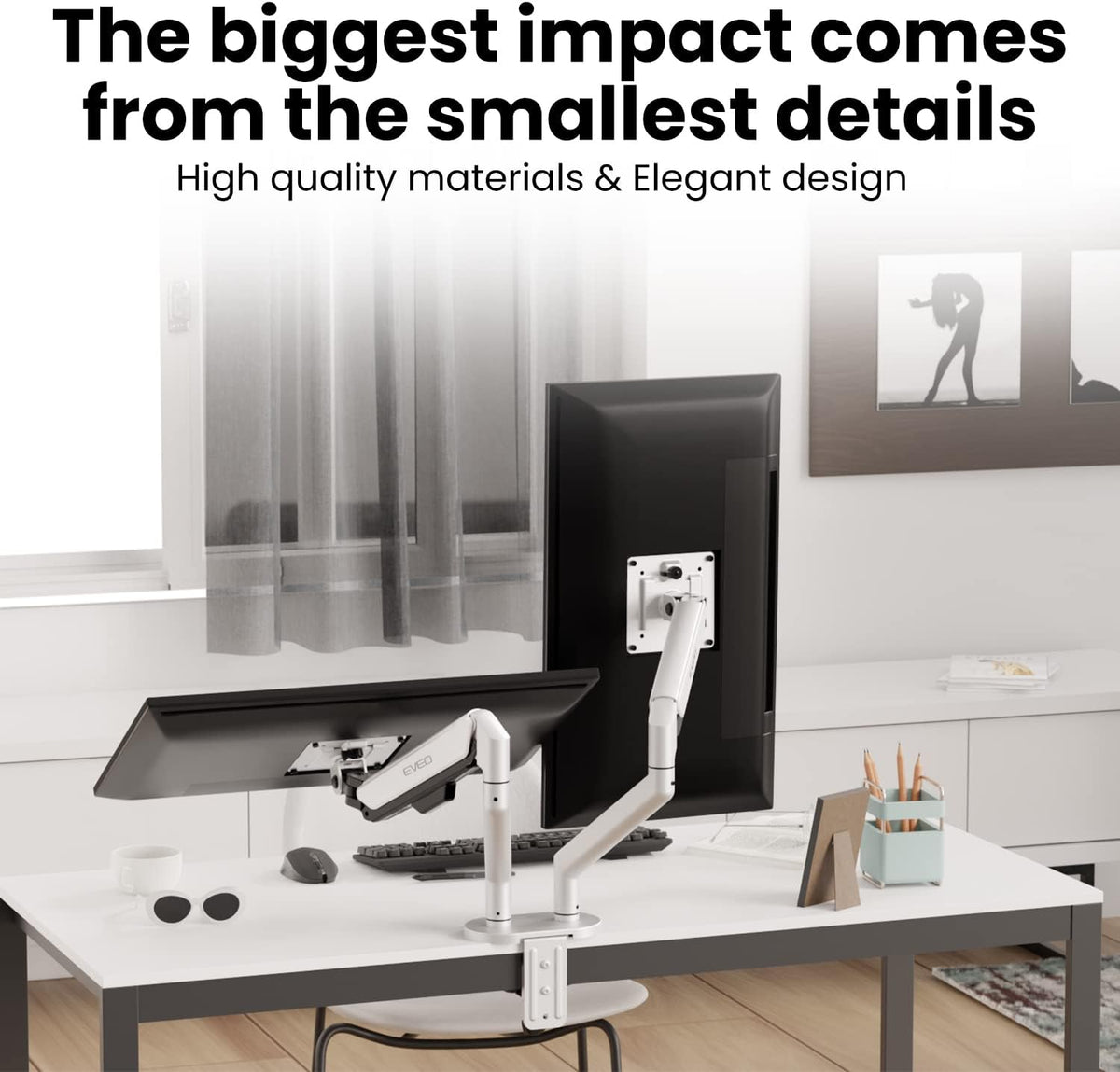 EVEO Premium Dual Monitor Mount 14"-35” Dual Monitor Arm VESA Bracket Adjustable Height Gas Spring Dual Monitor Stand, Screen Full Motion Dual Monitor Arm-Computer Monitor Stand for 2 Screens - White