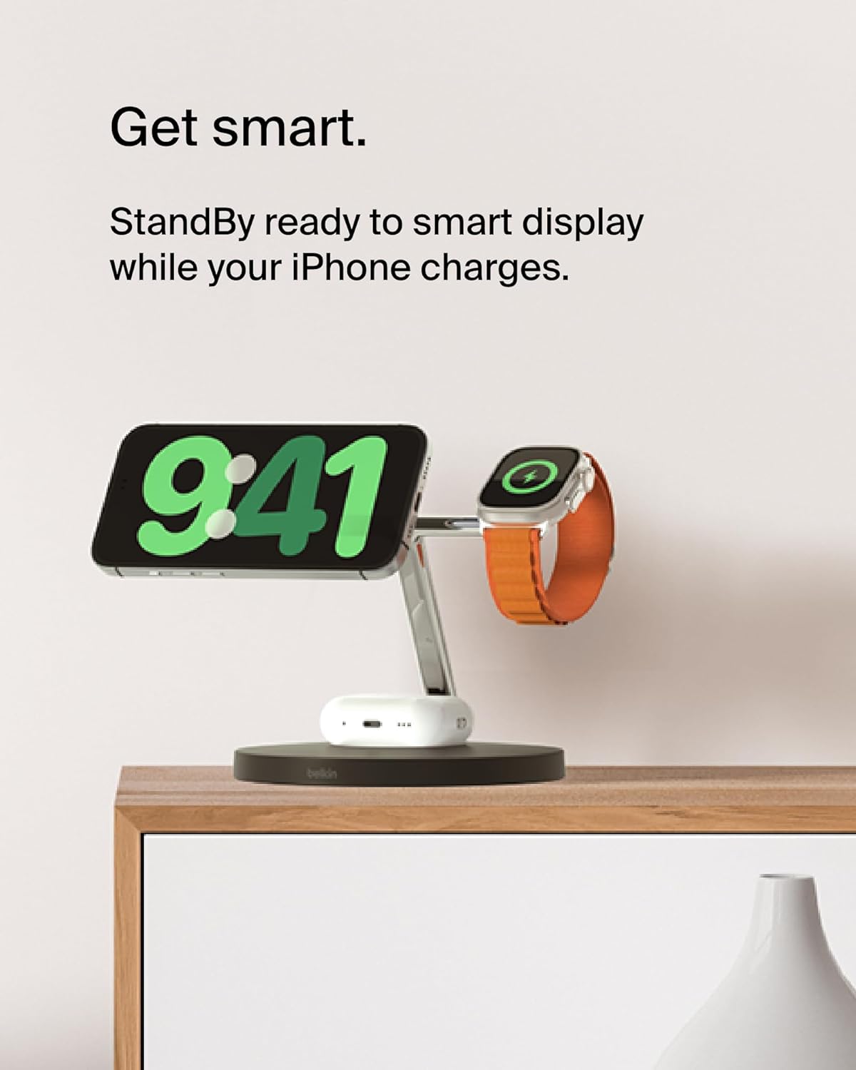 Belkin MagSafe Charger, 3-in-1 Wireless Charging Stand, 2ND GEN, 33% Faster for Apple Watch, iPhone 16, iPhone 15, iPhone 14 Series, AirPods - MagSafe Charging Station for Multiple Devices - Black