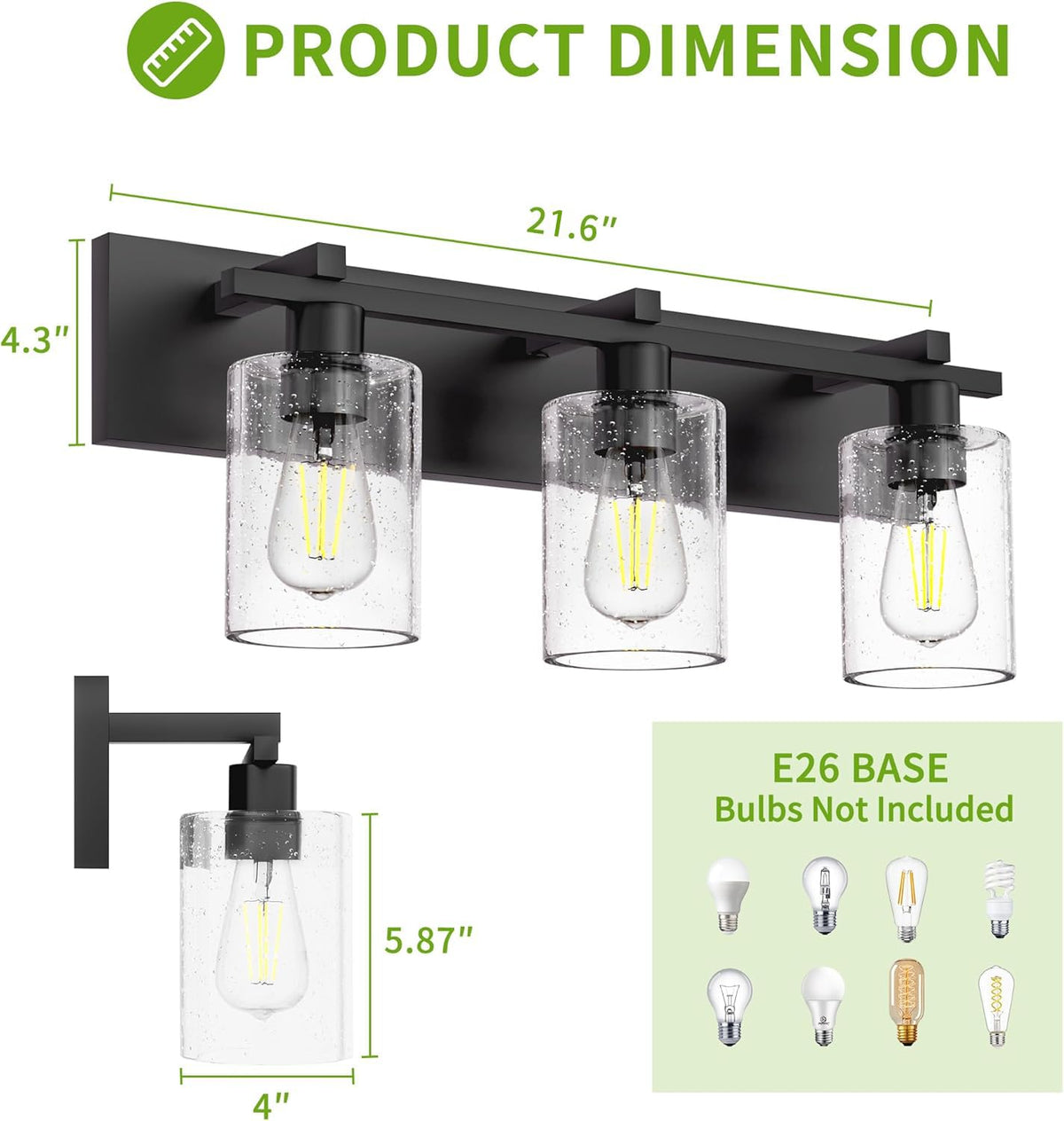 Espird Bathroom Vanity Light,3 Light Matte Black Light Fixture with Thickened Seeded Glass Shade, 21 inch Modern Wall Sconce,Vanity Light Over Mirror