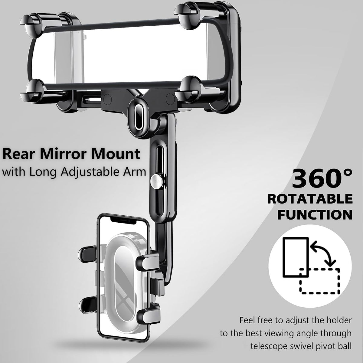 ILKCC Rearview Mirror Phone Holder for Car, 360° Rotating and Retractable Multifunctional Rear View Phone Mount, Upgraded Four Corners Fixed